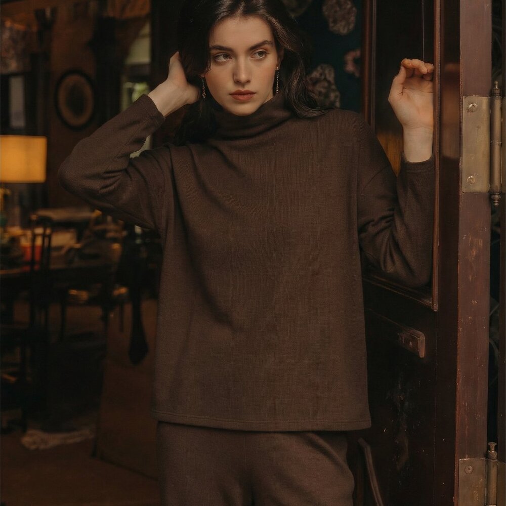 Eileen Fisher funnel neck box top brown New Top Shirt Long Sleeve Organic $128 L